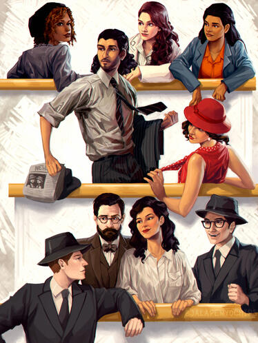 Nine char. half-body/bust hybrid