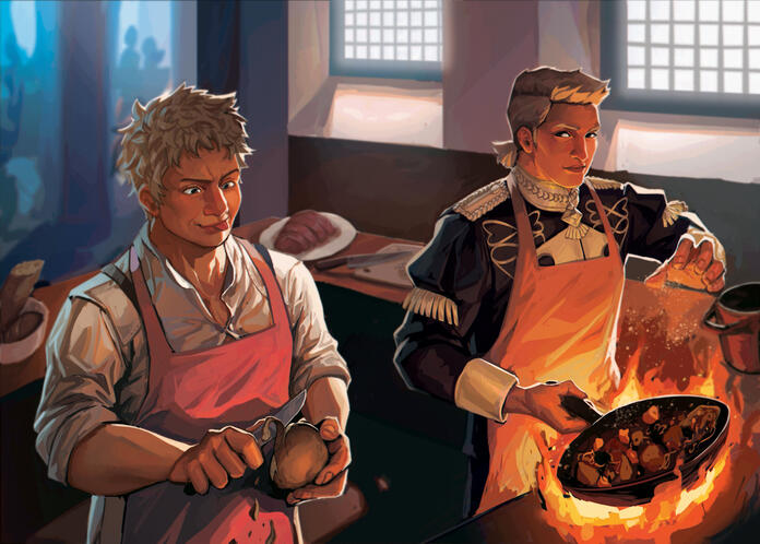 Two char. half-body w/background +additional elements (props)