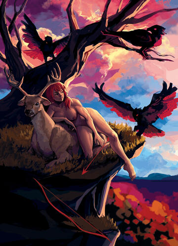 Single char. full-body w/ bg +additional (animals)