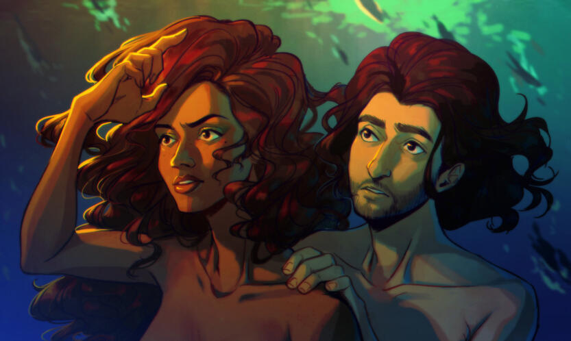 2 char. bust w/ shading + simple bg