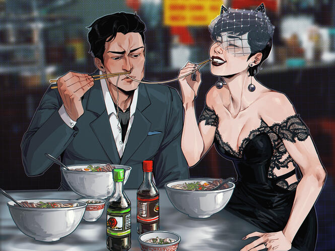 Two char. HB w/ shading, BG +additional (food)